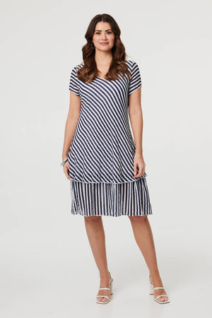 Navy | Striped Layered Knee Length Dress