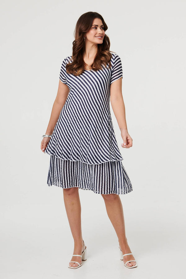 Navy | Striped Layered Knee Length Dress