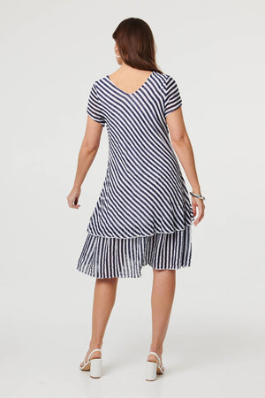 Navy | Striped Layered Knee Length Dress