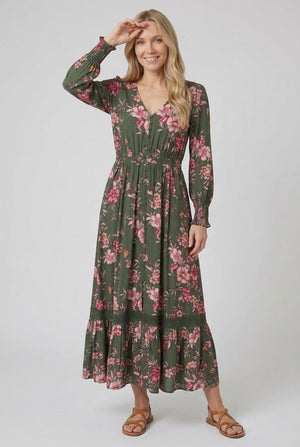 Green | Floral Long Puff Sleeve Maxi Dress