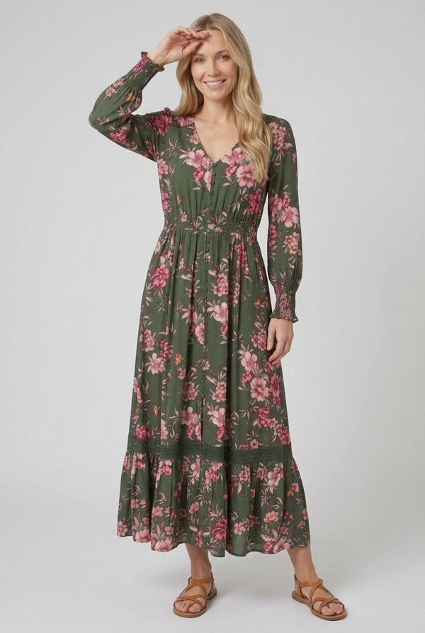 Green | Floral Long Puff Sleeve Maxi Dress