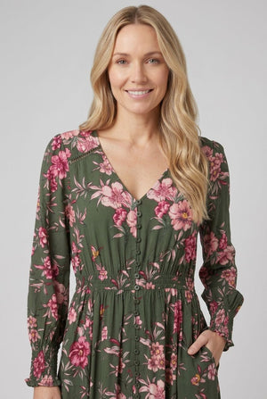 Green | Floral Long Puff Sleeve Maxi Dress