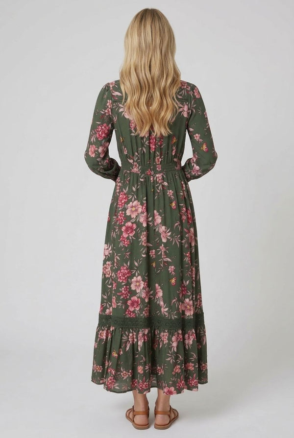 Green | Floral Long Puff Sleeve Maxi Dress