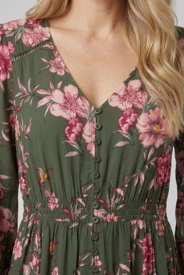 Green | Floral Long Puff Sleeve Maxi Dress