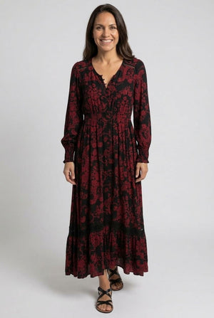 Black | Printed Long Sleeve Relaxed Maxi Dress