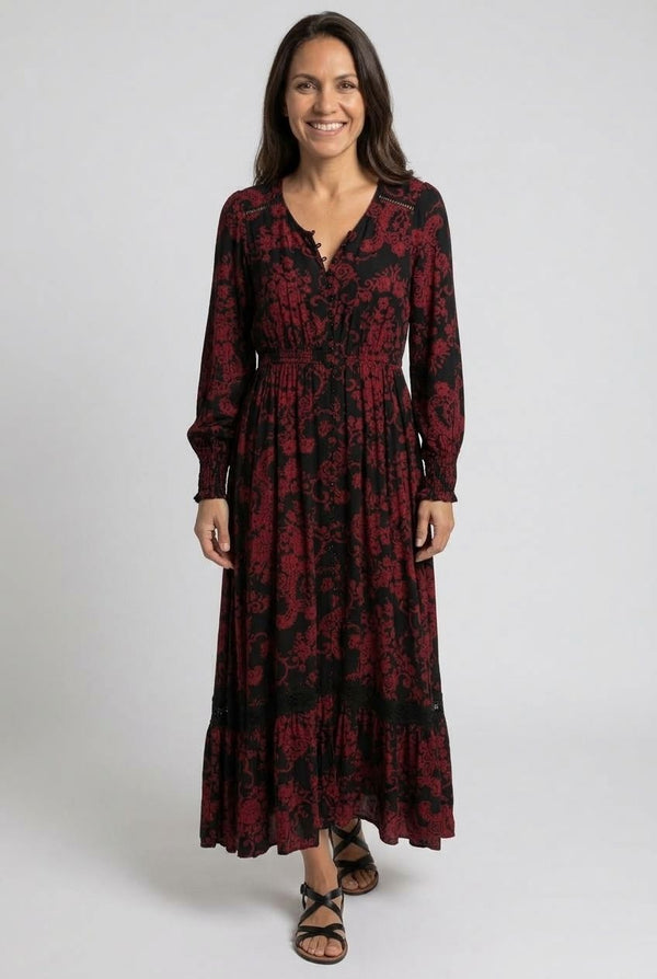 Black | Printed Long Sleeve Relaxed Maxi Dress