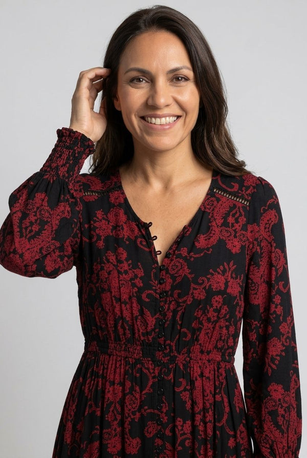 Black | Printed Long Sleeve Relaxed Maxi Dress