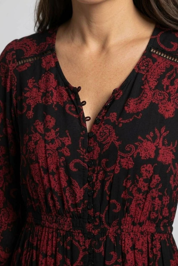 Black | Printed Long Sleeve Relaxed Maxi Dress