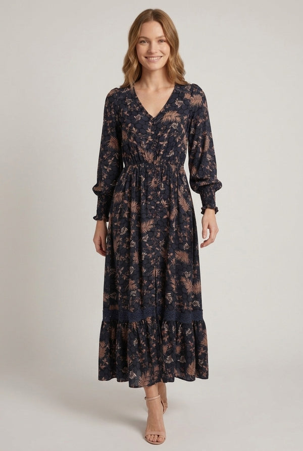 Navy | Floral Print Maxi Long Sleeve Dress