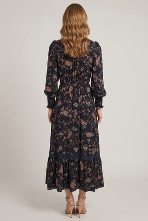 Navy | Floral Print Maxi Long Sleeve Dress