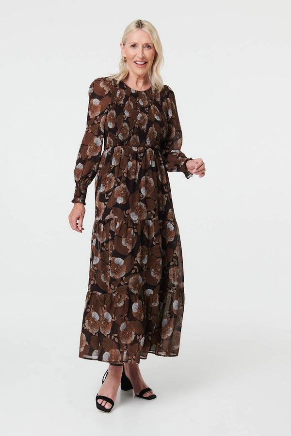 Brown | Printed Long Balloon Sleeve Maxi Dress
