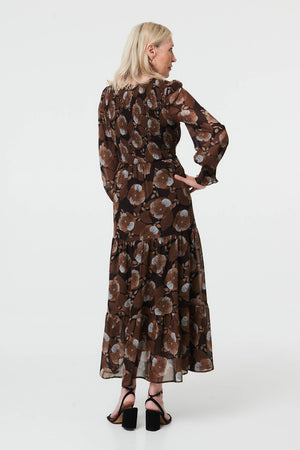 Brown | Printed Long Balloon Sleeve Maxi Dress

