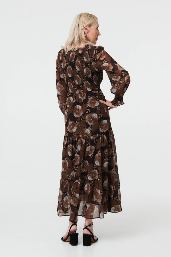 Brown | Printed Long Balloon Sleeve Maxi Dress
