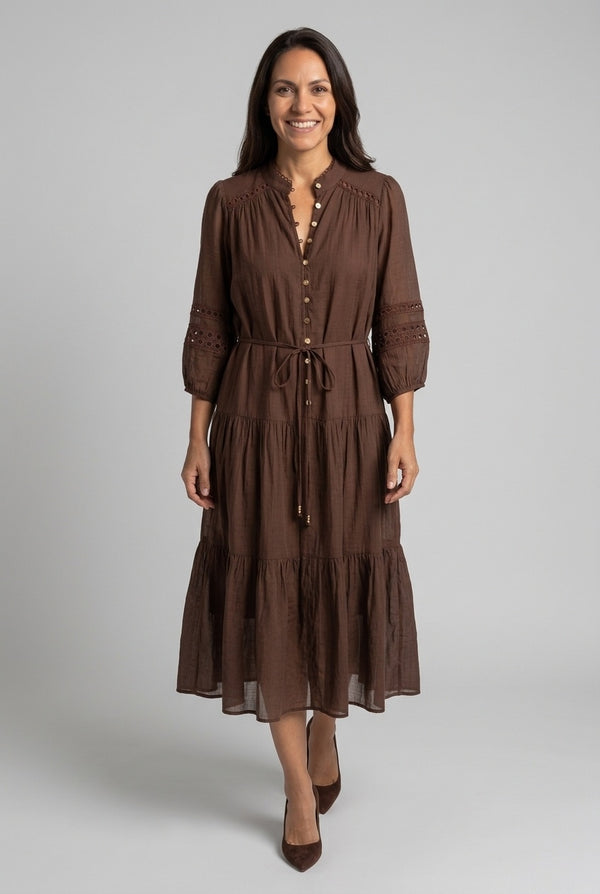 Brown | Tiered Layered High Neck Midi Dress