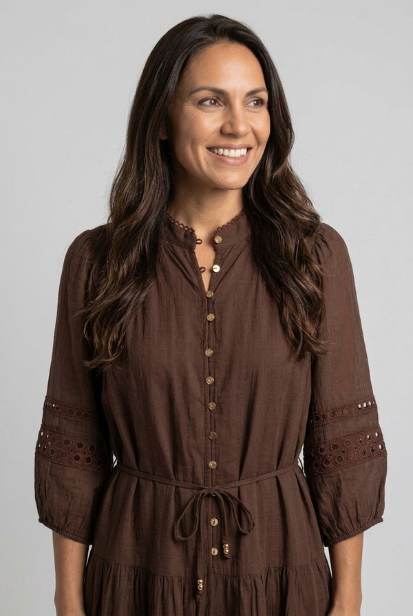 Brown | Tiered Layered High Neck Midi Dress