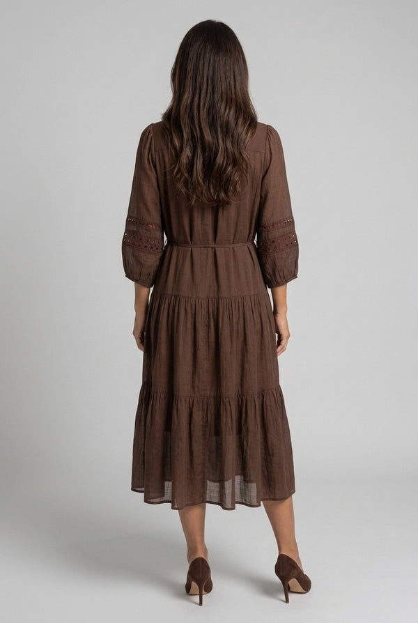 Brown | Tiered Layered High Neck Midi Dress