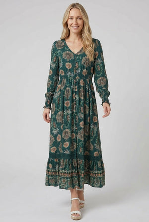 Teal | Paisley Long Sleeve Shirred Maxi Dress