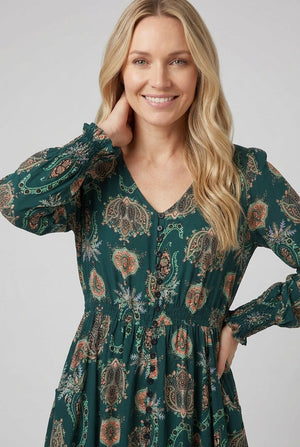 Teal | Paisley Long Sleeve Shirred Maxi Dress