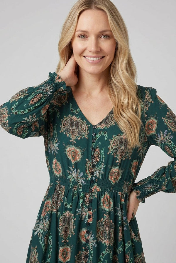 Teal | Paisley Long Sleeve Shirred Maxi Dress