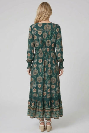 Teal | Paisley Long Sleeve Shirred Maxi Dress