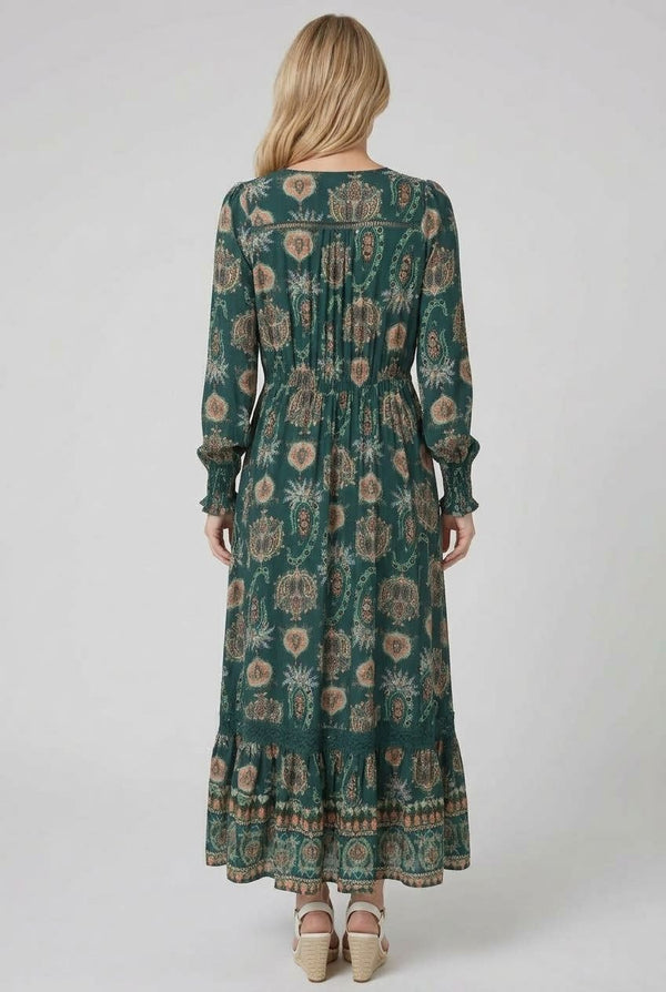 Teal | Paisley Long Sleeve Shirred Maxi Dress