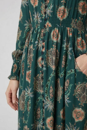 Teal | Paisley Long Sleeve Shirred Maxi Dress