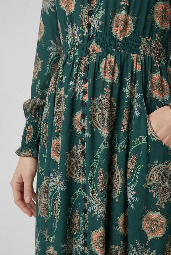 Teal | Paisley Long Sleeve Shirred Maxi Dress