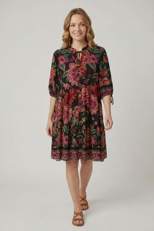 Black | Floral Relaxed 1/2 Sleeve Short Dress