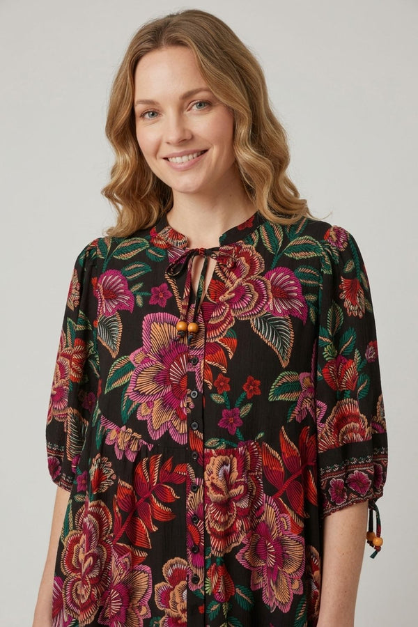 Black | Floral Relaxed 1/2 Sleeve Short Dress