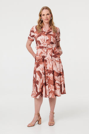 Rust | Leaf Print A-Line Midi Shirt Dress