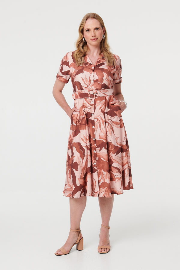 Rust | Leaf Print A-Line Midi Shirt Dress