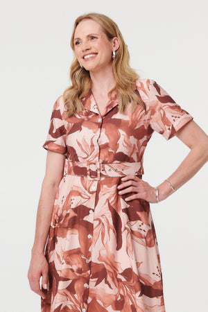 Rust | Leaf Print A-Line Midi Shirt Dress