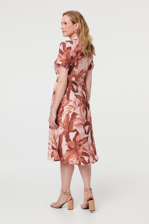 Rust | Leaf Print A-Line Midi Shirt Dress