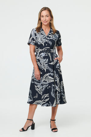Navy | Leaf Print Short Sleeve Midi Shirt Dress