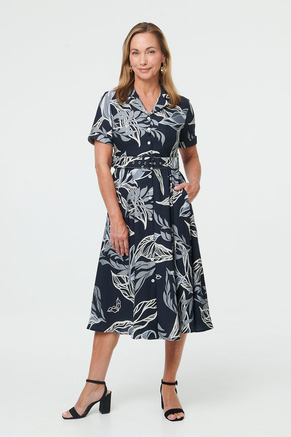 Navy | Leaf Print Short Sleeve Midi Shirt Dress
