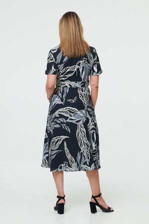 Navy | Leaf Print Short Sleeve Midi Shirt Dress