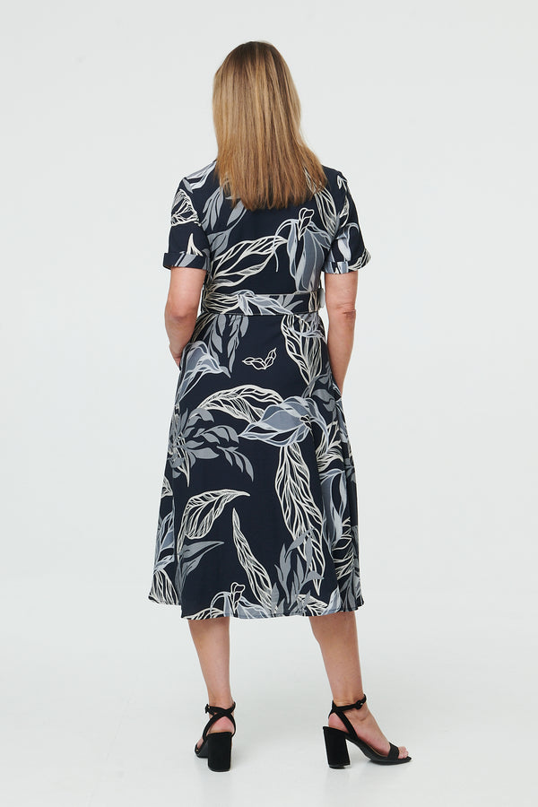 Navy | Leaf Print Short Sleeve Midi Shirt Dress