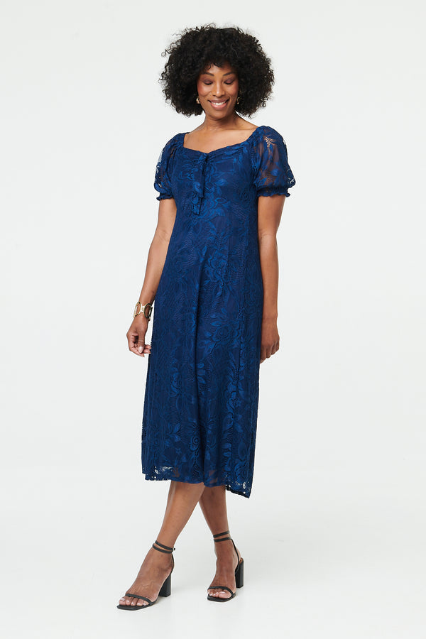 Blue | Textured Floral Lace Layered Midi Dress