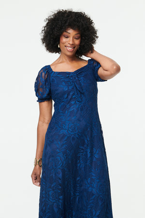 Blue | Textured Floral Lace Layered Midi Dress