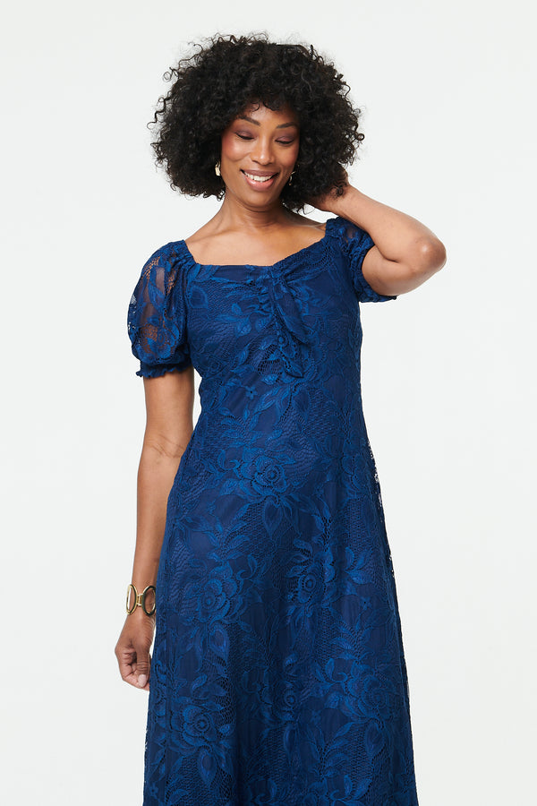 Blue | Textured Floral Lace Layered Midi Dress