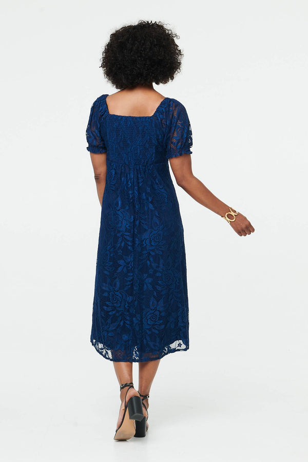 Blue | Textured Floral Lace Layered Midi Dress