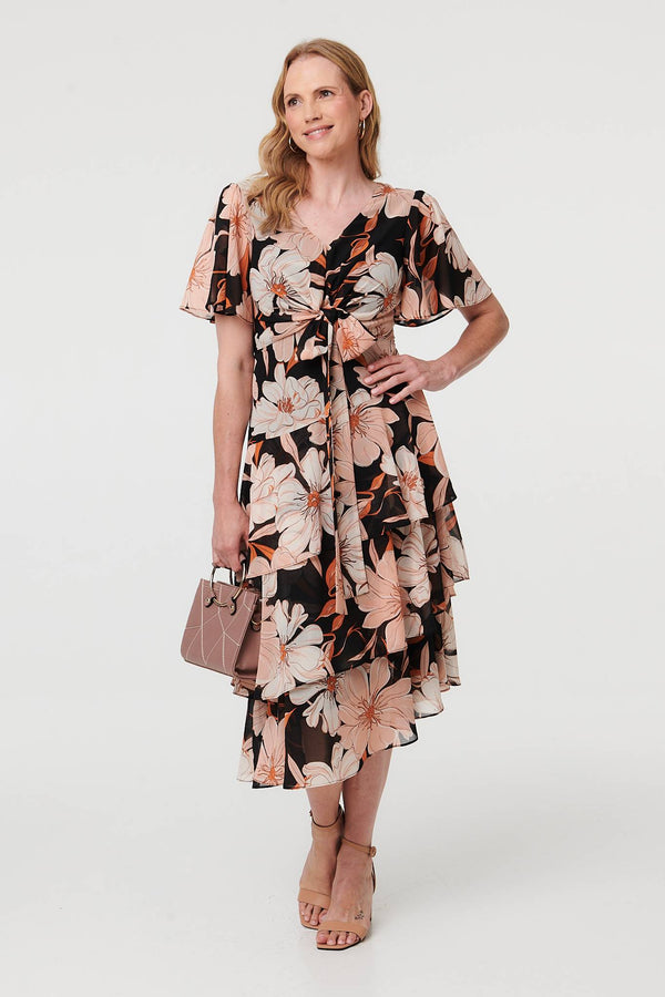 Orange | Floral Asymmetric Tiered Midi Dress
