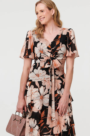 Orange | Floral Asymmetric Tiered Midi Dress
