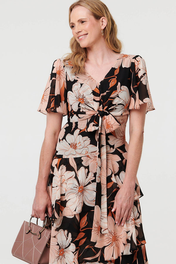 Orange | Floral Asymmetric Tiered Midi Dress
