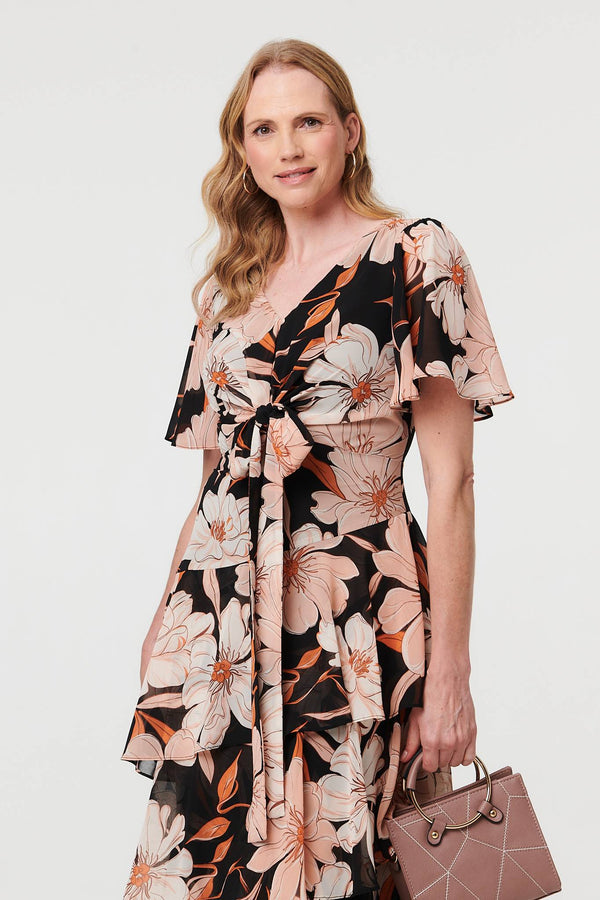 Orange | Floral Asymmetric Tiered Midi Dress
