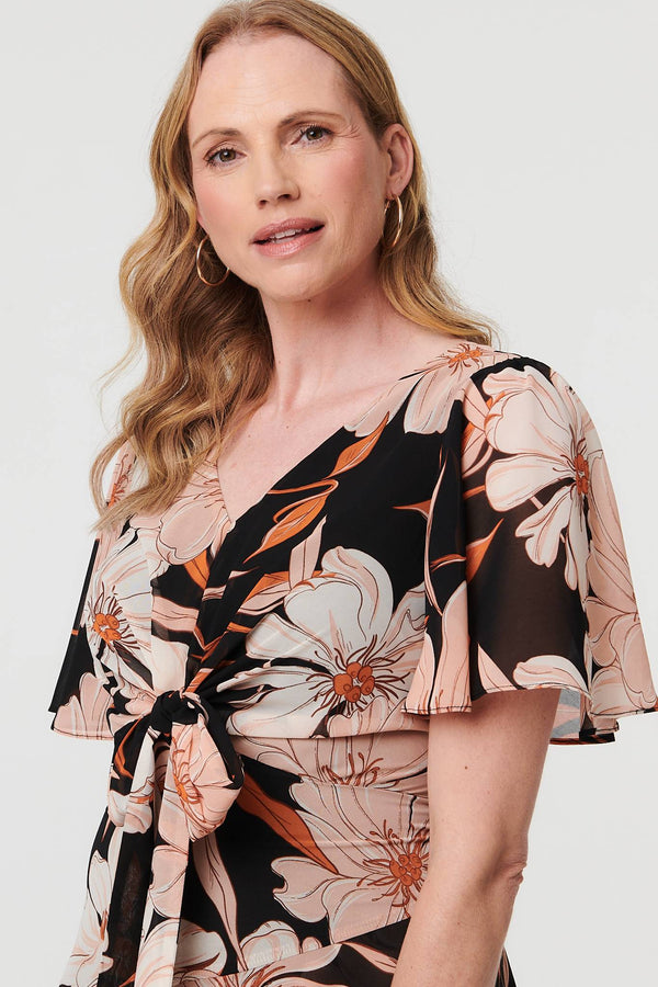 Orange | Floral Asymmetric Tiered Midi Dress

