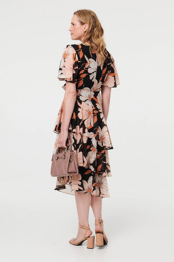 Orange | Floral Asymmetric Tiered Midi Dress
