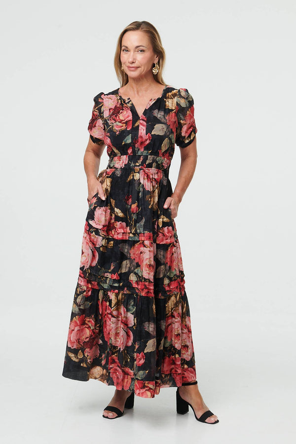 Pink | Floral Tiered Short Sleeve Maxi Dress