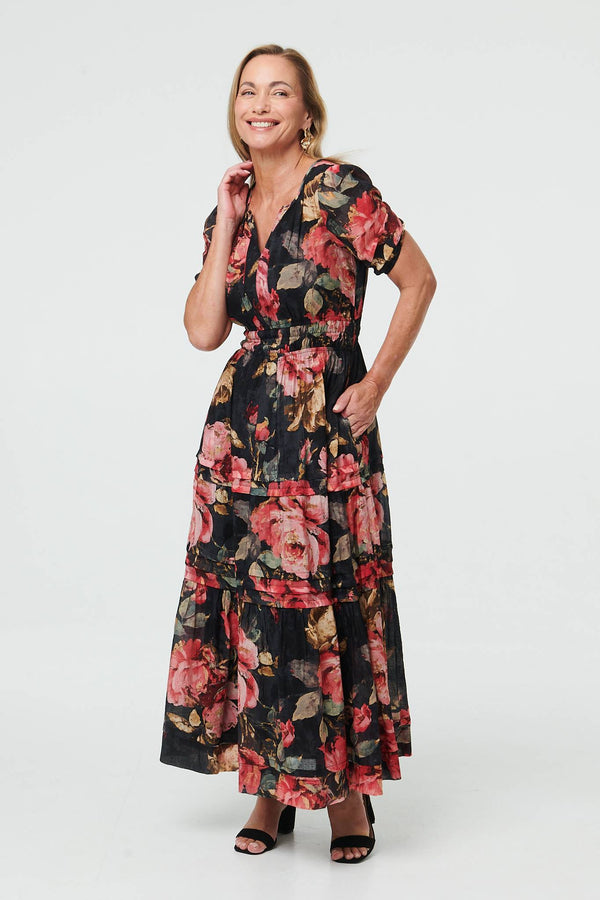 Pink | Floral Tiered Short Sleeve Maxi Dress