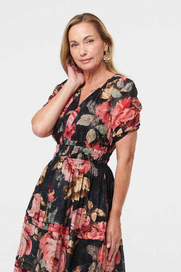 Pink | Floral Tiered Short Sleeve Maxi Dress